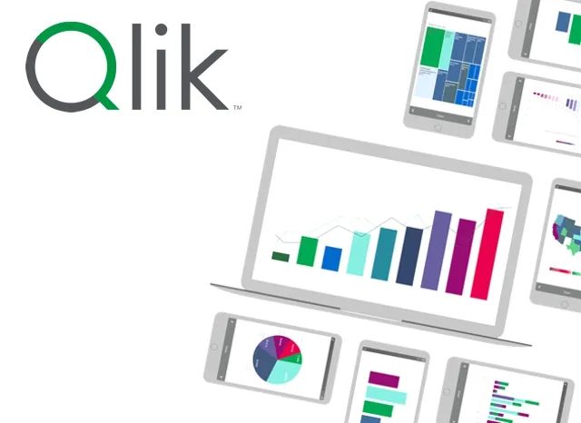 Logo da Qlik com computador, tablet e celular exibindo painéis
