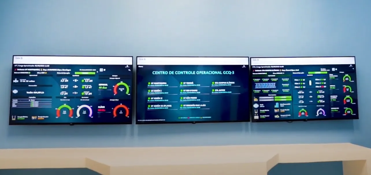 Três telas grandes na parede de um centro de controle operacional, exibindo painéis de monitoramento